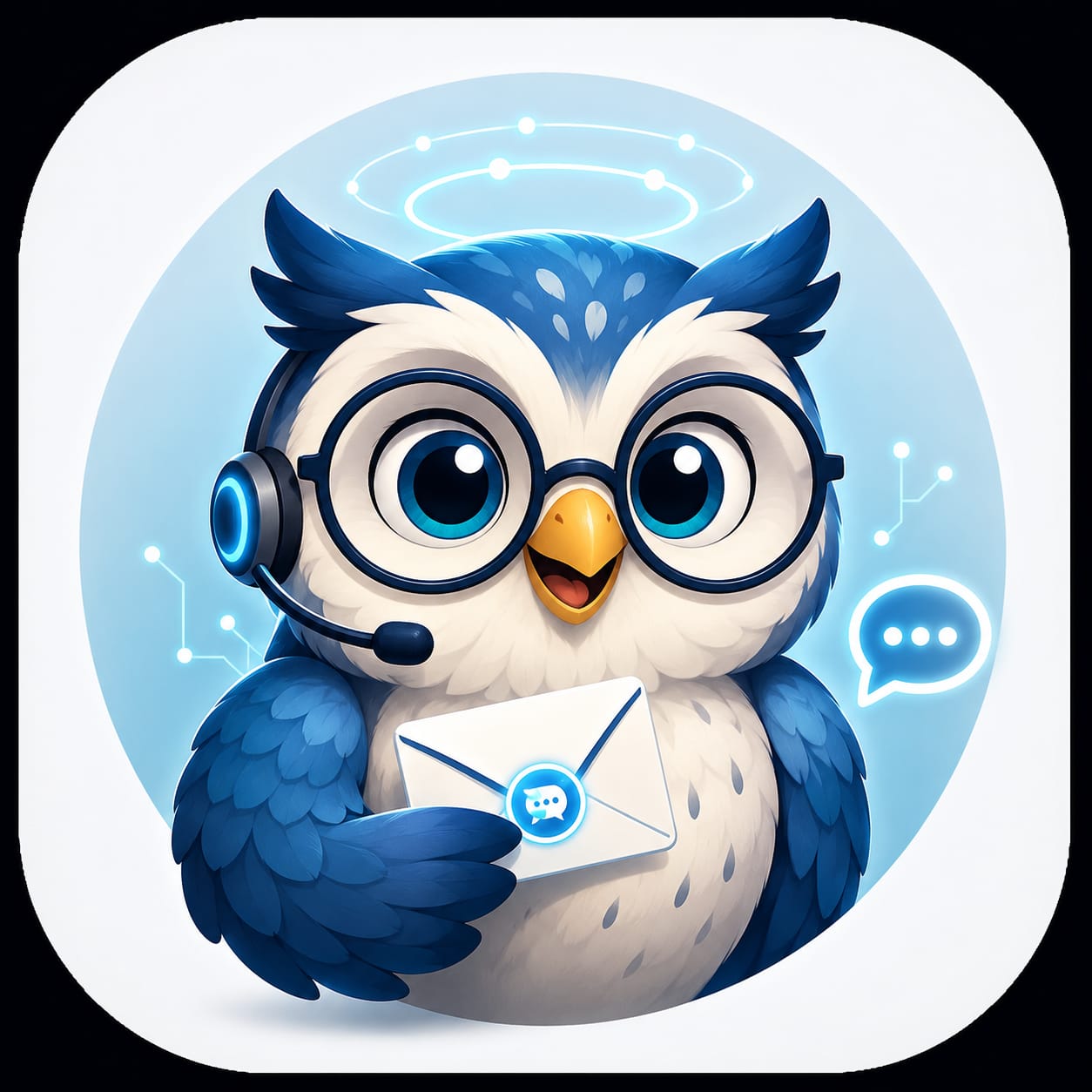 Sowa Teodora, the owl mascot holding an envelope